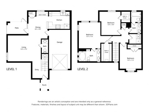 Floor plan for 3 beds, 2.5 baths, 1386 sqft